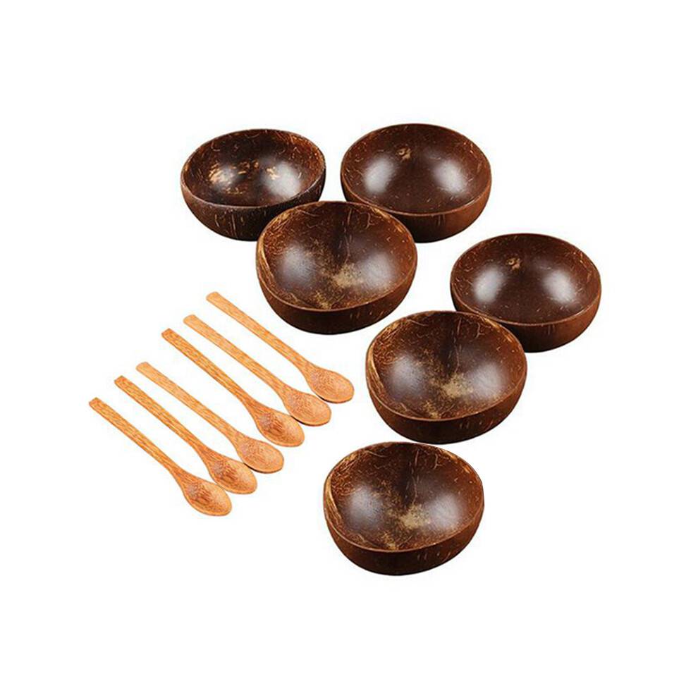 Coconut Bowl Set Handmade Coconut Shell Tableware Wood Spoon Dessert Fruit Salad Mixing Bowl Rice Ramen Bowl 12Pcs