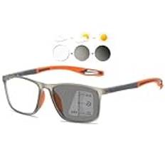 KOOSUFA Självtonande glidande läsglasögon glidande glasögon progressiv multifokus blåljusfilter fotokrom män kvinnor fjädergångjärn TR90 med UV-skydd solläsglasögon, Grå orange, 1.5