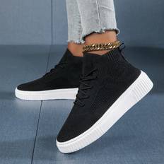 1pair Men High-Top Socks Shoes, Knitted Sports Shoes With Increased Height For Spring, Summer And Autumn 2024, Casual Black Dad Shoes For Men