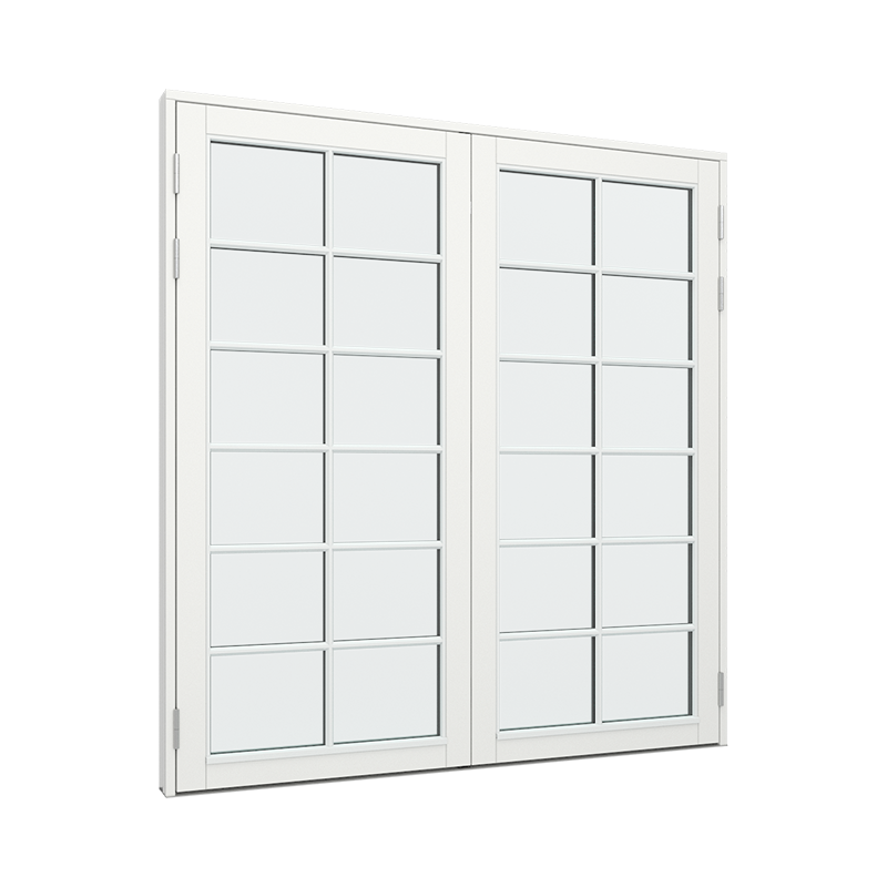 Dobbelt terrassedør med 2x6 glasfelter i hver dør.