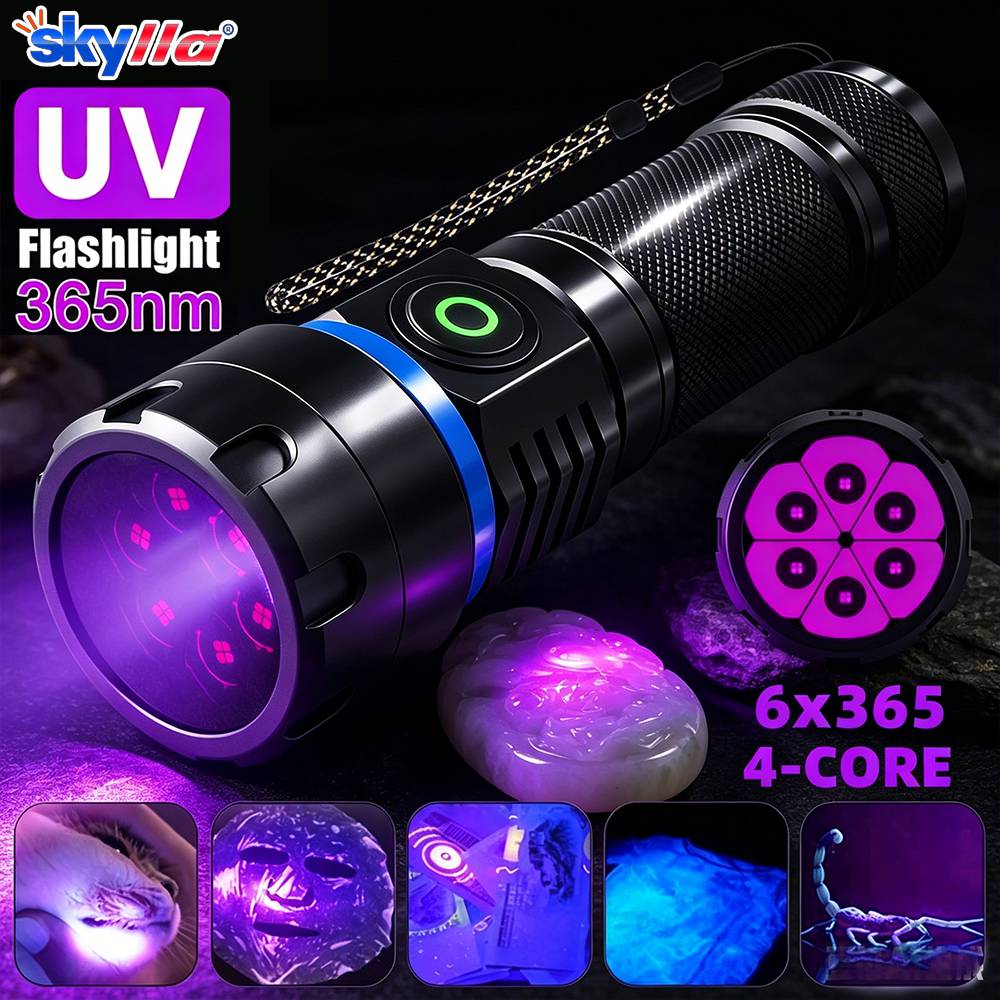 120w 365NM UV LED Flashlight  Light Torch Rechargeable Lantern Fluorescent Detection IdentificatioHigh Power Black Mirror Purple
