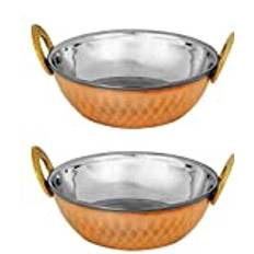 Zap Impex Indisk serveringsskål koppar hamrad rostfritt stål karahi för indiska rätter och servering curry 2-delat set, 17 cm diameter, silver, 43235-139604