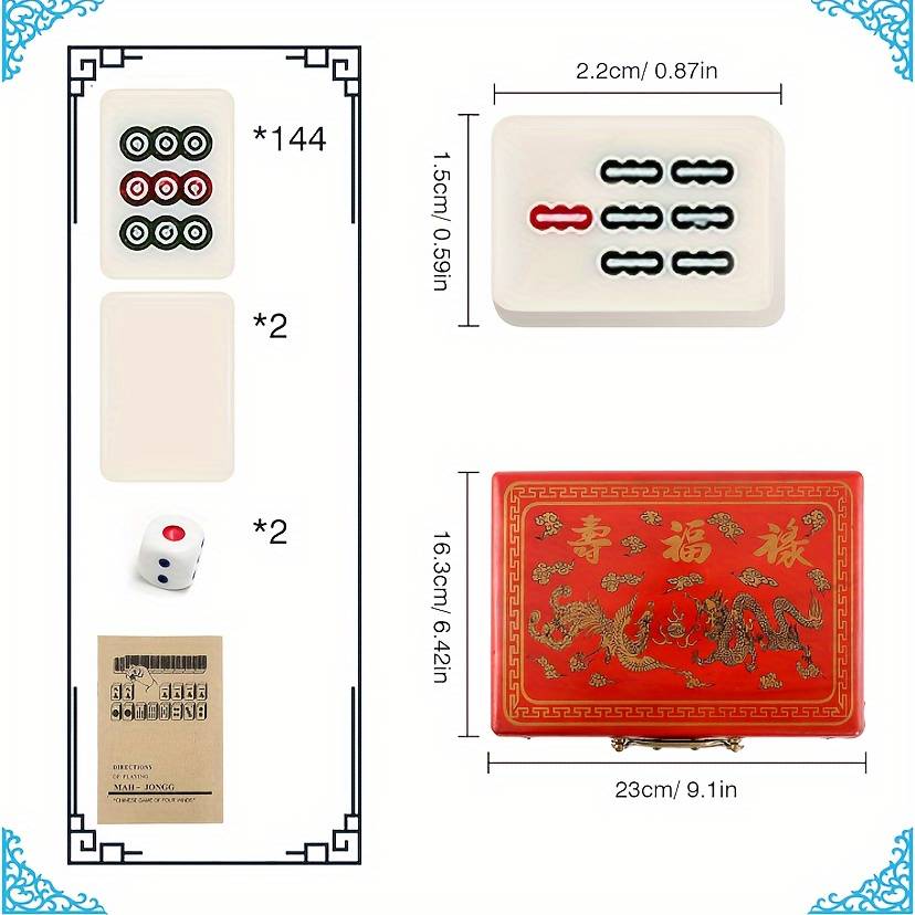 TEMU [ivory Chinese Mahjong Set] 146 Tiles Classic Ivory Chinese Mahjong Set - Durable Vinyl Case, Wind Indicator & Dice - Traditional , Family Edition