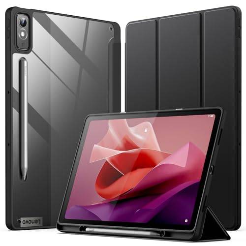 JETech Fodral för Lenovo Tab P12 12,7-Tum (2023 Modell, TB370FU / TB371FU) med Stylushållare, Klar Genomskinlig Hård PC-Baksida, Skyddande Tri-Fold Folio Stand Smal Tablett Case (Svart)