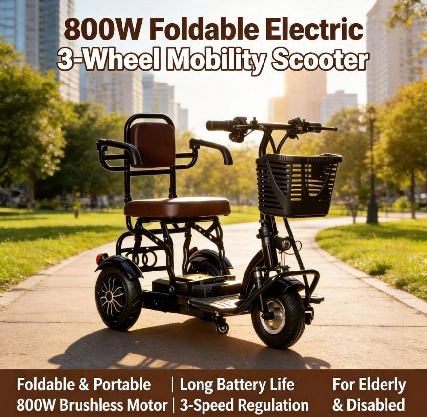 Elektrisk trehjuling för vuxna 48V 800W, hopfällbar 3-hjulig elcykel med borstlös motor för stadspendling & sightseeing svart