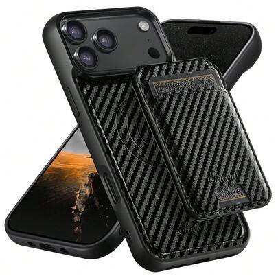 Carbon SUTENI Telefonskal Magnet Trådlös Laddning Korthållare Stativ Lyxigt Konstläder För iPhone 17 Pro Max 16 Plus 15 14 13 12 För Unisex Släktingar - Svart (Multi-size)