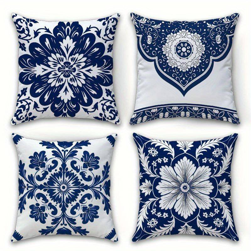 Set med 4 enkelsidiga bohemiska blommiga prydnadskuddar i vintage kinesisk marinblå och vit design, med sammetsdragkedjefodral, Lämpliga och Säng