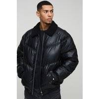 Mens Black Oversized Borg Collar PU Puffer Jacket