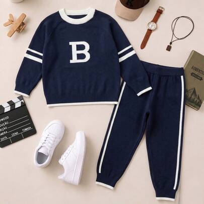 Vår/höst preppy stickat set för pojkar, färgblockig randig tröja med bokstavstryck och långbyxor med mudd, 2-delad outfit - Multifärgad (6Y,7Y,4Y,5Y)