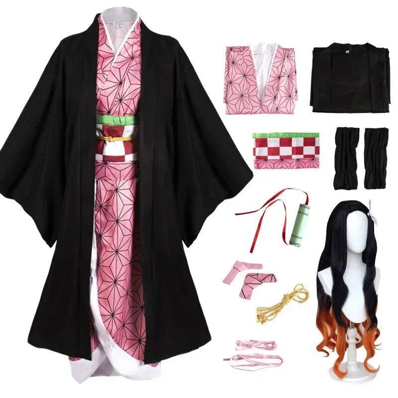 Anime Demon Slayer Kimetsu No Yaiba Kamado Nezuko Cosplay Kostym Dam Kimono Peruk Halloween Carnival Outfit Dräkt cm