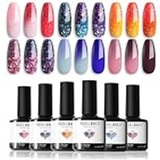 Modelones UV-nagellack, gel nagellack UV 6 färger temperaturväxling, rosa glitter blå ombre shellac nagellack för våren sommar blötläggning av nagelpolish fransk manikyr gör-det-själv hemma presenter,