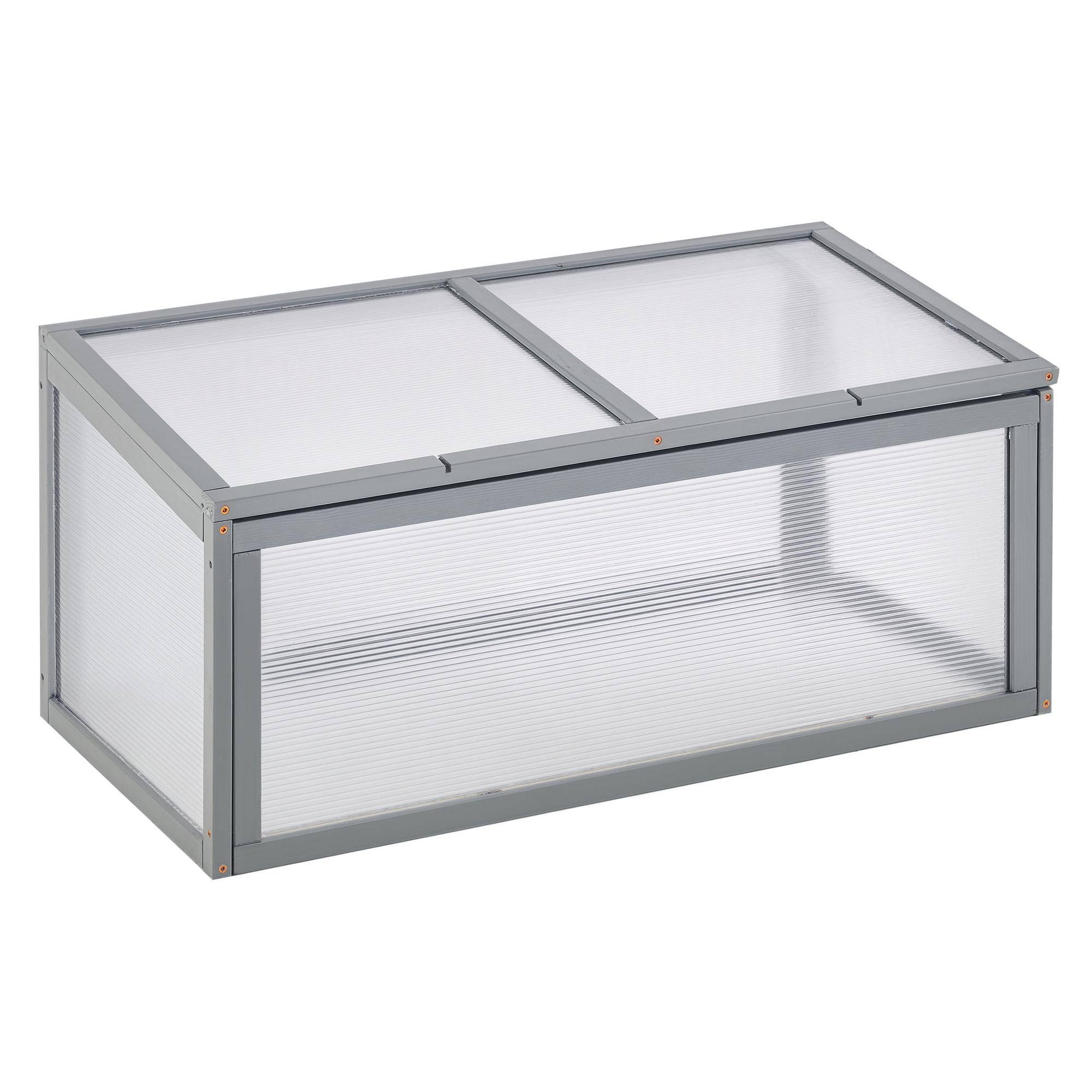 Kallbänk i trä och polykarbonat 90 x 46 x 40 cm Växthus med lock Väderbeständig kallbänkslåda för trädgårdsplanteringsbädd Grå grå