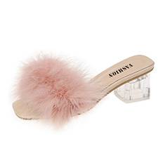 Damer sommarskor eleganta med klack, bekväma sommarskor damer fuzzy fluffiga enfärgade höga klackar sandaler transparenta med klack klackskor nötningsbeständiga med fotvalvsstöd lediga sandaler, ROSA