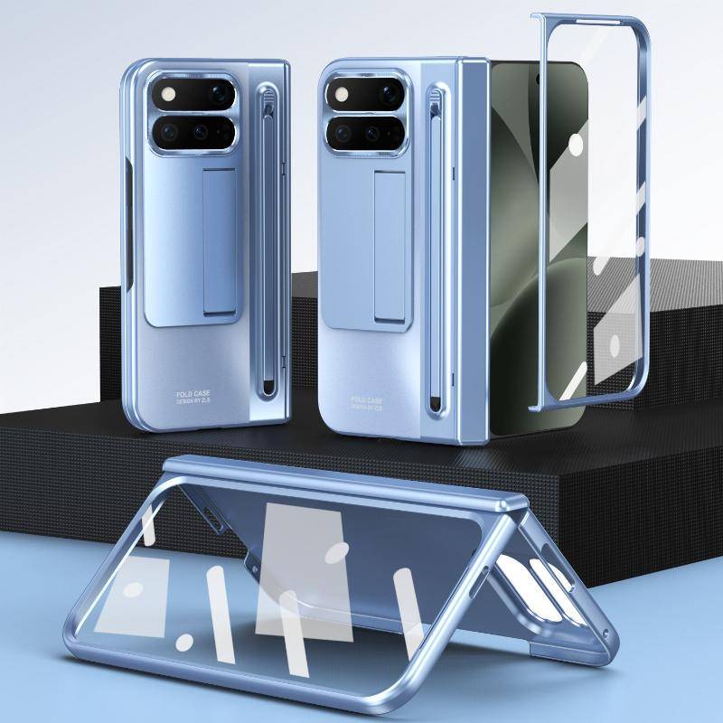 Med Hinge Protection Full Cover-fodral för Google Pixel 11 10 9 Pro Fold Hårt skal med skärmskydd Stöd Stativ Pekpenna gyllene