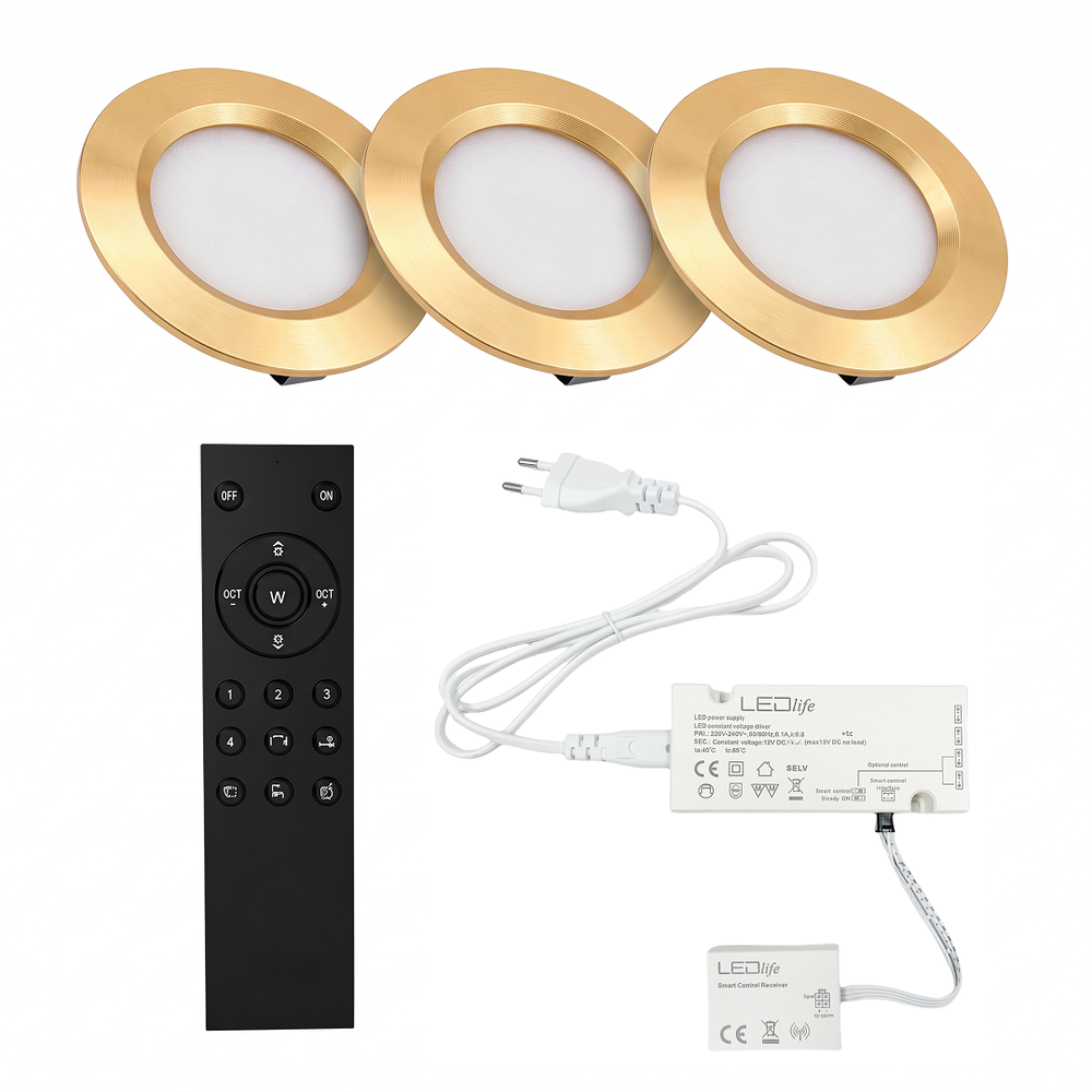 3 stk. Reco68 møbelspot dæmpbar, guld - Vælg RF/WiFi/Zigbee strømforsyning (fjernbetj. medfølger) - Dæmpbar : Via Zigbee, Kulør : Varm