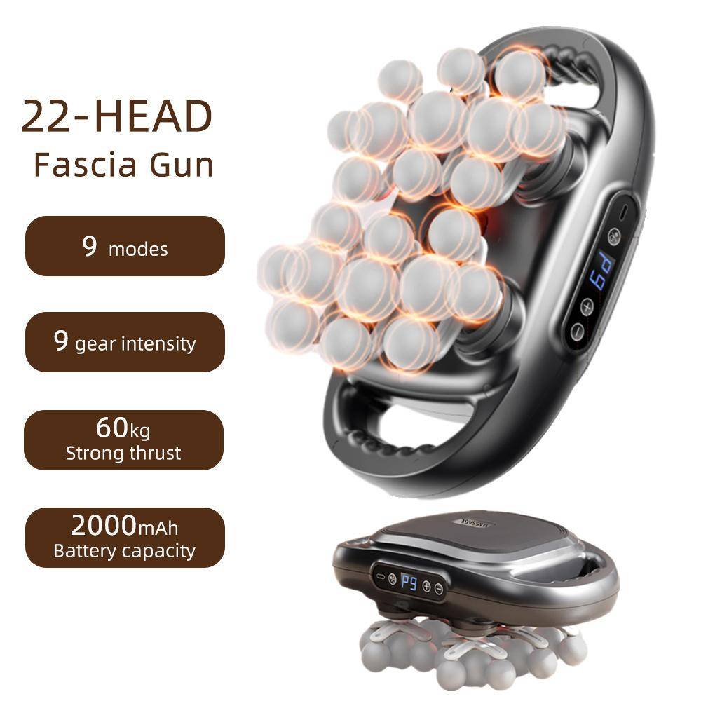 22-huvuds Fasciapistol Högfrekvent Vibration Kroppsmassagepistol Rygg- och Midjemassager Nack- och Axelmassager Muskelmassageapparat grå