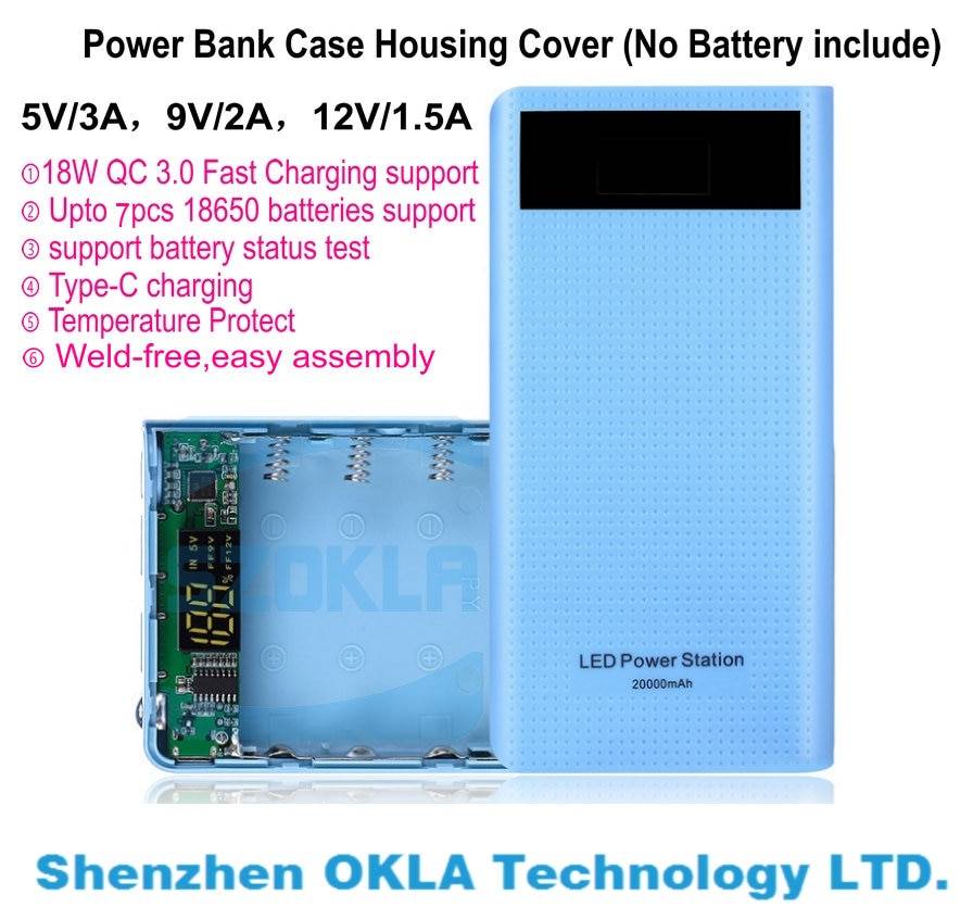 1 st 18w qc 3.0 svetsfri 7 st 18650 20000 mah med ledt snabbladdningslock för hölje för bankväska med laddningsportar typ -c 2 - Svart färg