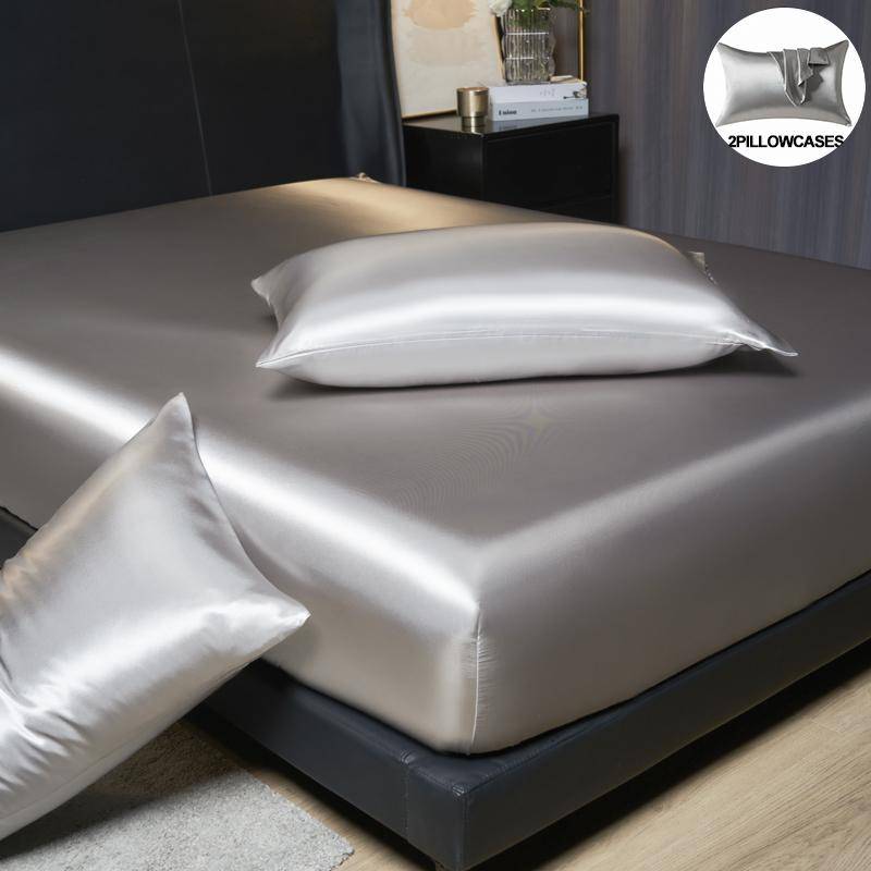 Lyxigt set med dra-på-lakan i satin – 35 cm högt, King/Queen-storlek, inkluderar 2 örngott, tidlös elegans för kräsen sömn silver