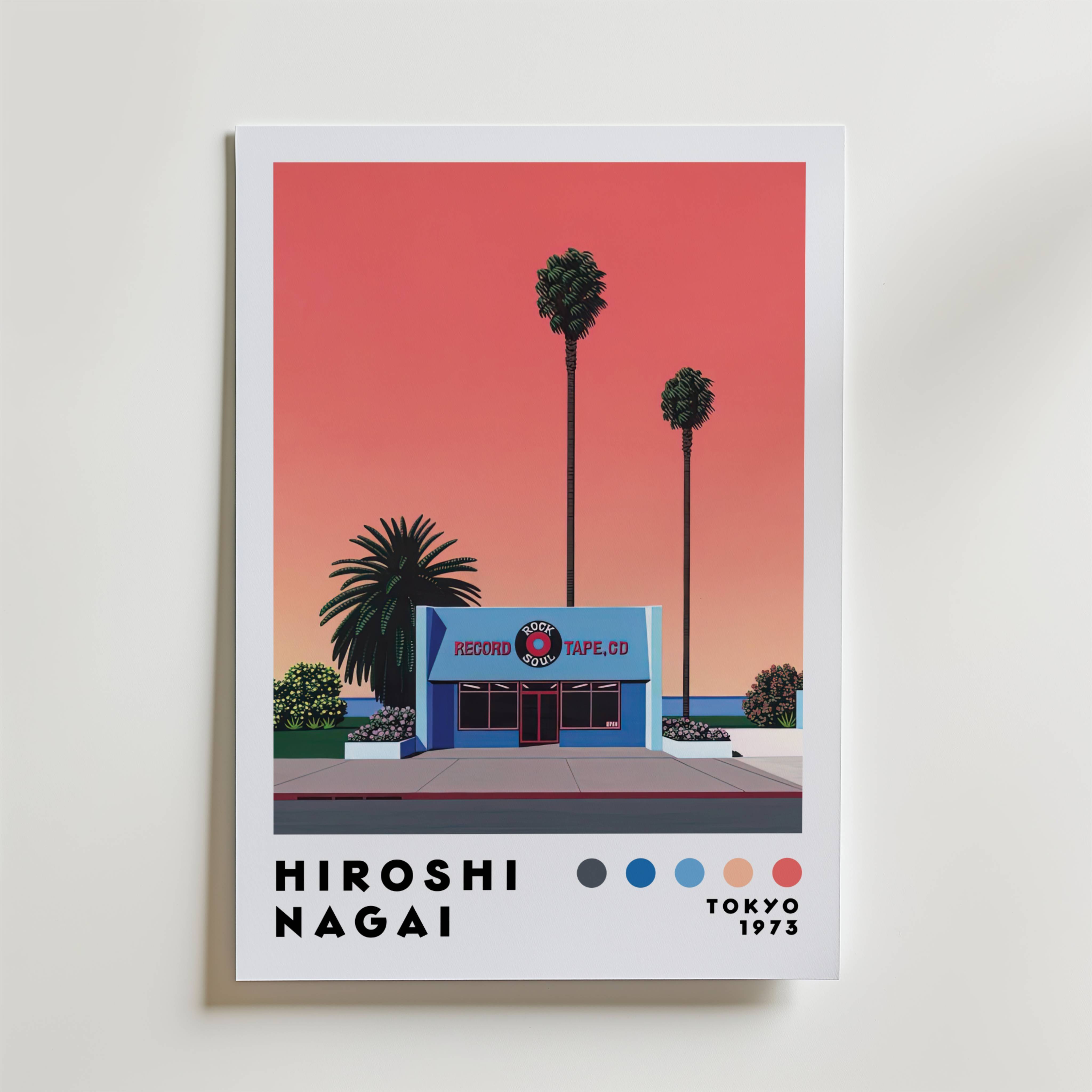 Hiroshi Nagai Sunset Record Store Poster - Premium Canvas 100x140 cm Med passepartout
