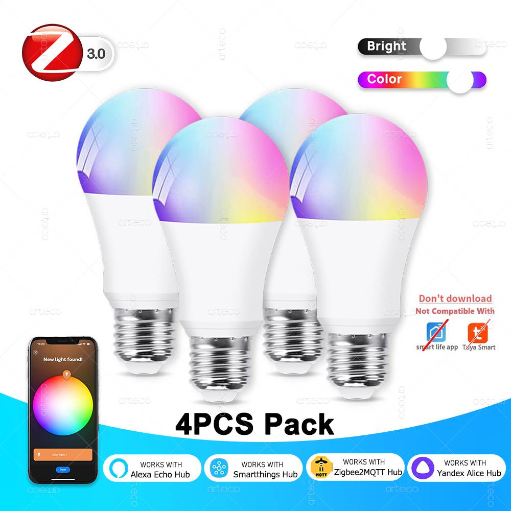 4 Pcs Zigbee 3.0 Smart Led Light Bulbs E27 15W 18W Alexa Smart Led Lamp Works With Echo Plus Alice Hub Z2MQTT Smartthings Bridge