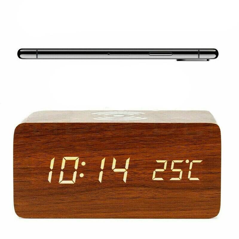 Elektrisk led väckarklocka med telefon trådlös laddare trä w/ qi trådlös telefon laddning digital termometer klocka - Brun