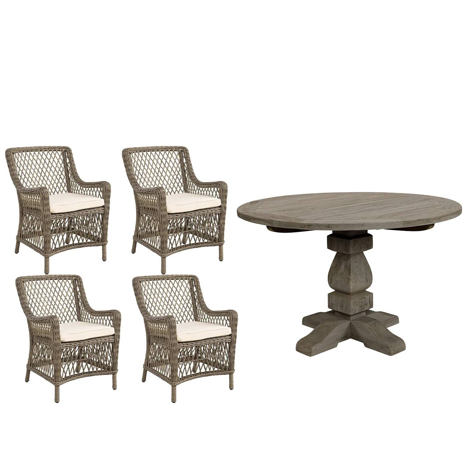 Marbella/French matgrupp vintage - 4 stolar, Ø120 cm - Grå/Träfärgad
