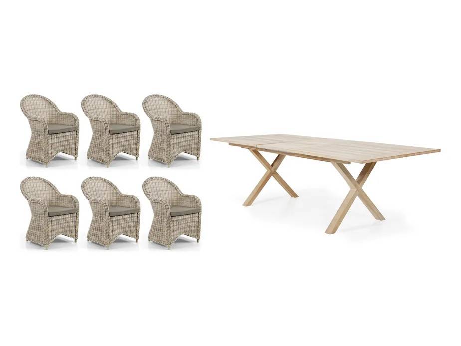 Brafab Paulina & Brutus matgrupp Beige med beige hynde 6 lænestoler & bord 200-265x100 cm