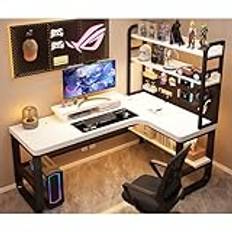 L Shape Desk Solid Wood Writing Desk Modern Computer Desk Bedroom Home Desktop Desk Bookshelf Integrated Desk With Storage Space Shelf Gaming Desk Corner Office Desk - Without Chairs(White-right,120x1