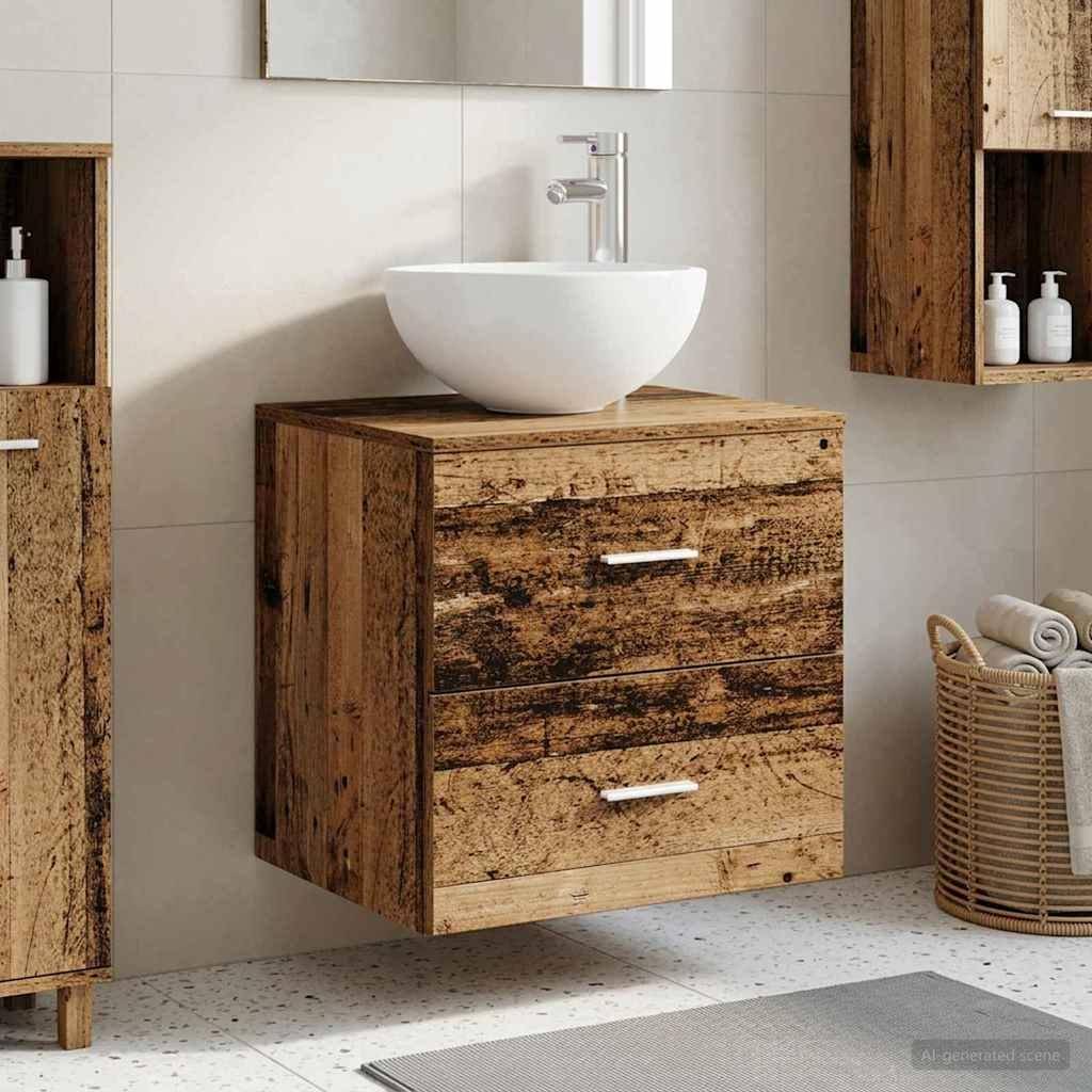 Væghængt håndvaskeskab - gammelt træ look, 49,5 × 41 × 64,5 cm med 2 skuffer