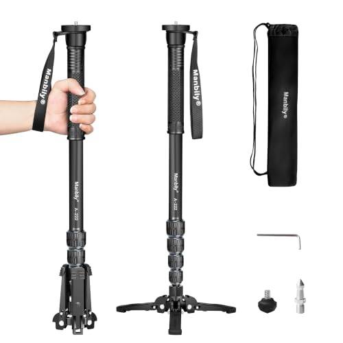 Manbily A-222 monopoder för kameror med fötter, 5 sektioner, 170 cm, max belastning 7 kg, kamera monopod utdragbar bärbar rese-aluminium för DSLR Canon Nikon Sony videokamera (grå)