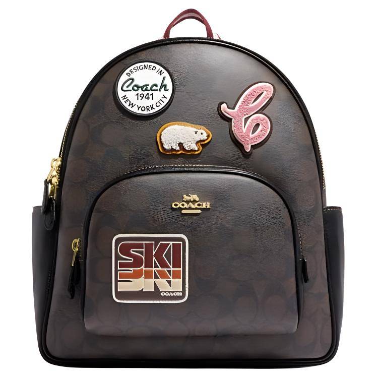 Coach Court Backpack 27 Classic Monogram Ski Patch Zip Closure Coated Canvas Pebble Leather Large Women backpack Brown Black CE595-IMOSN Basic Set (Bag+Dust Bag)