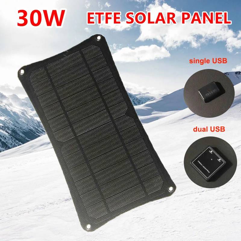 30W ETFE Solar Panel Dual USB 5V Waterproof Solar Charger Portable Solar Cells Mobile Power Bank for Outdoor Camping Hiking
