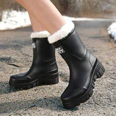 Japanese Style Women&#39;s Fashion Mid-Calf Rain Boots With Lining, Warm, Outdoor Waterproof Hiking Boots, Non-Slip Gardening/Kitchen Work Shoes - Black - CN36,CN37,CN38,CN39,CN40,CN41
