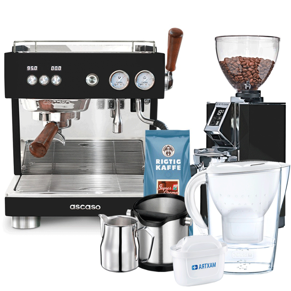 Ascaso Baby T Plus Svart Espressomaskin inkl. Eureka Mignon Libra 65 Kvarn, Baristautrustning, Vattenfilterkanna & 1kg Kaffe