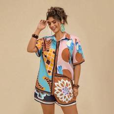 Plus Size Casual Holiday Tropical Bohemian Fruit & Plant Print Asymmetrical Short Sleeve Shirt Top + Beach Shorts 2 Pieces Set For Women - Multicolor - 0XL,1XL,2XL,3XL,4XL