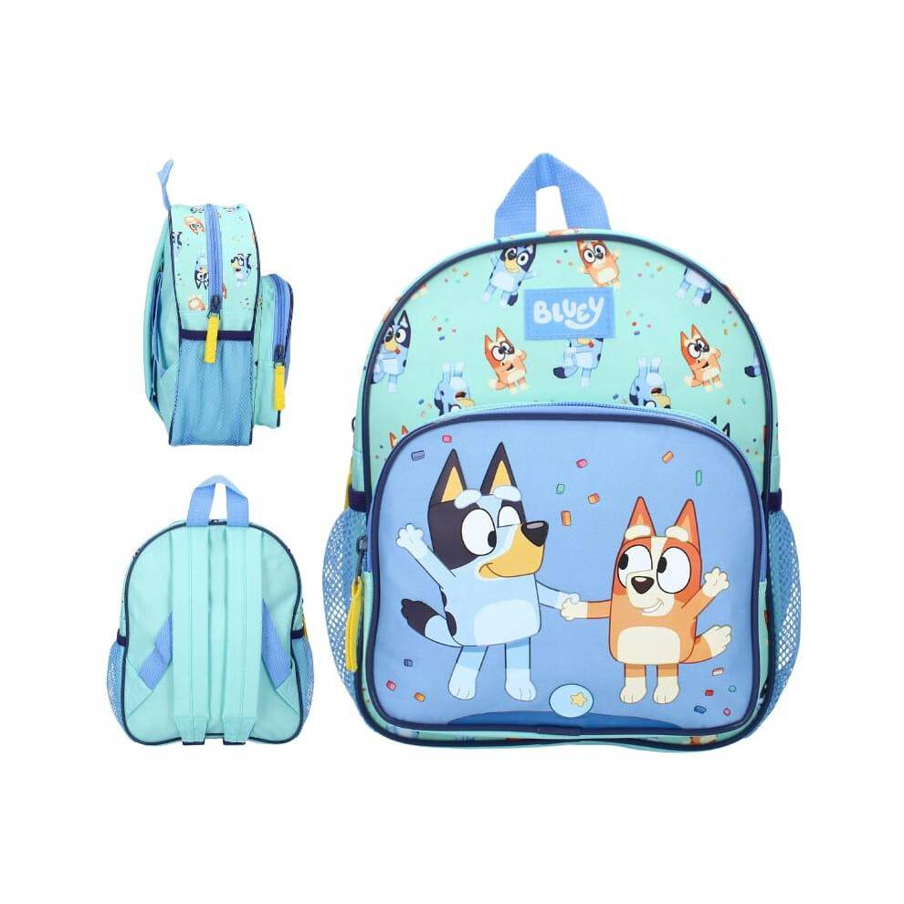 Bluey Best Friends Fun Kids Backpack, Rucksack with Zipper Pocket Mesh Side Pockets Adjustable Straps, 23x29x10cm, Blue Mint Navy Yellow