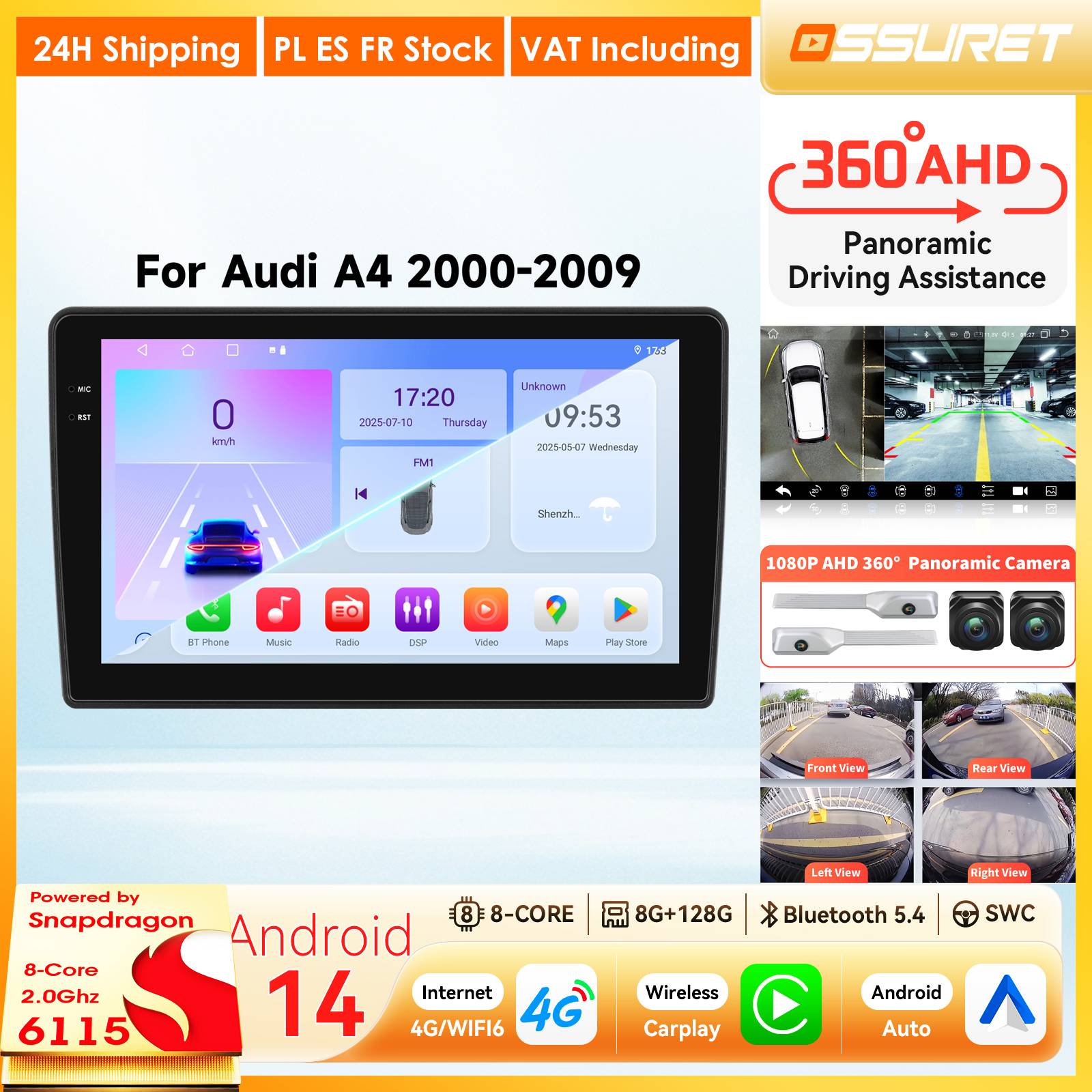 For Audi A4 2 3 B6 B7 S4 RS4 2000 - 2009 CarPlay Android Auto radio Car Multimedia Player 2DIN 360 Camera 9"Intelligent screen