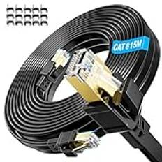 Nätverkskabel Cat8 15m, Cat 8 Ethernet-kabel Höghastighets LAN Kabel 15m 40Gbps 2000MHz FTP Skärmad Gigabit Ethernet Cable Platt RJ45 Patchkabel Lång Internetkabel för Router, Modem (15 kabelklämmor)