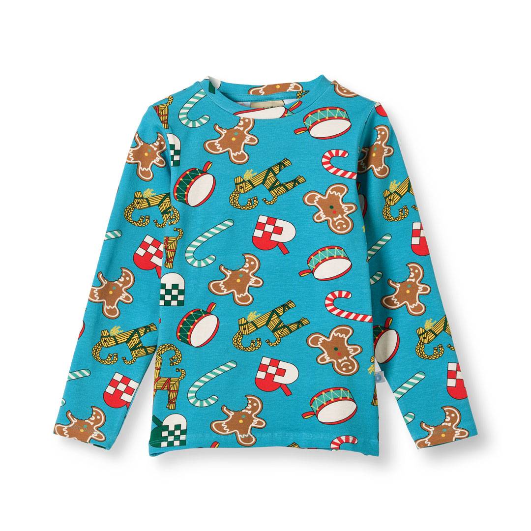 Gala langærmet bluse med julepynt - Creamy blue / 7-8