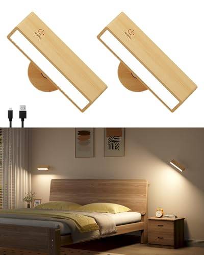 DetarZinLED Akku Wandleuchte Innen 2 Stück Holz,Wandleuchte ohne Stromanschluss,Wandlampe Kabellos Dimmbar Touch Control,Lampe ohne Bohren,360° drehbare Magnetische für Schlafzimmer Wohnzimmer