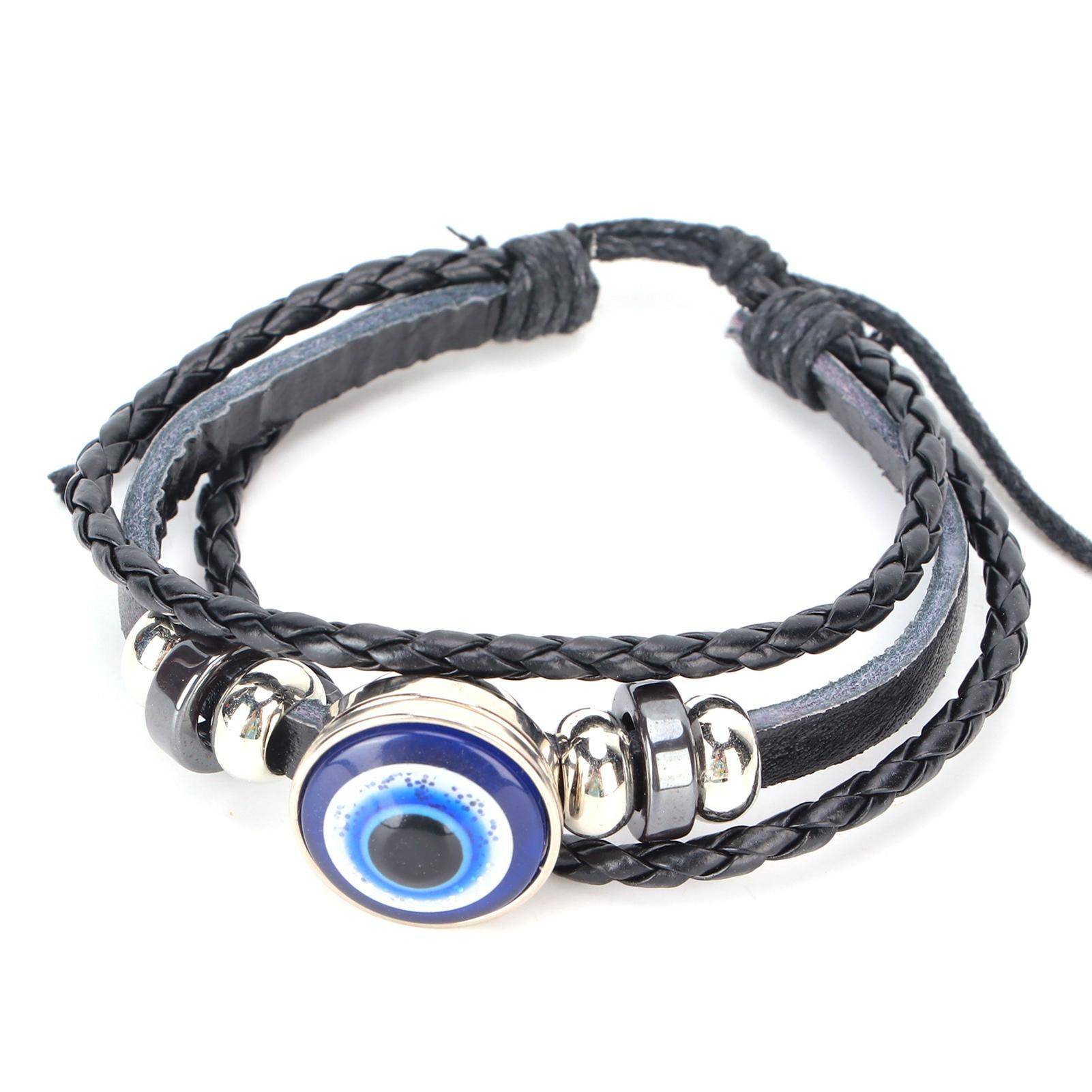 Blå Onda Ögat Armband Turkisk Stil Justerbar Längd Handvävt Läder Herrsmycken