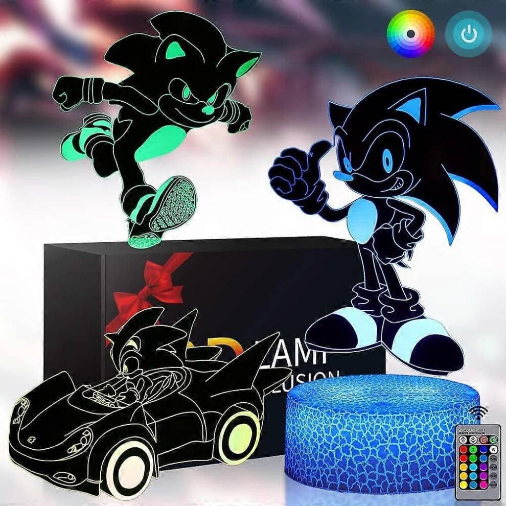 3D Sonic Night Light - 3 mönster, 16 färgskiftande dekorativ lampa med fjärrkontroll och Smart Touch, jul och