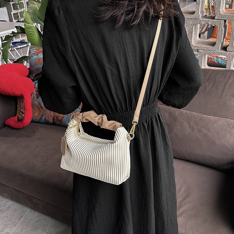 Women's Cloud Crossbody Bag - PU Leather Pleated Tote Bag - White