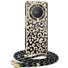 Kvinnor flickor mobiltelefonkedja kompatibel med Honor Magic 5 lite – silikonfodral med band – mobiltelefonfodral för Honor Magic 5 lite leoparddesign galvanisering – fodral med snöre i guld leopard