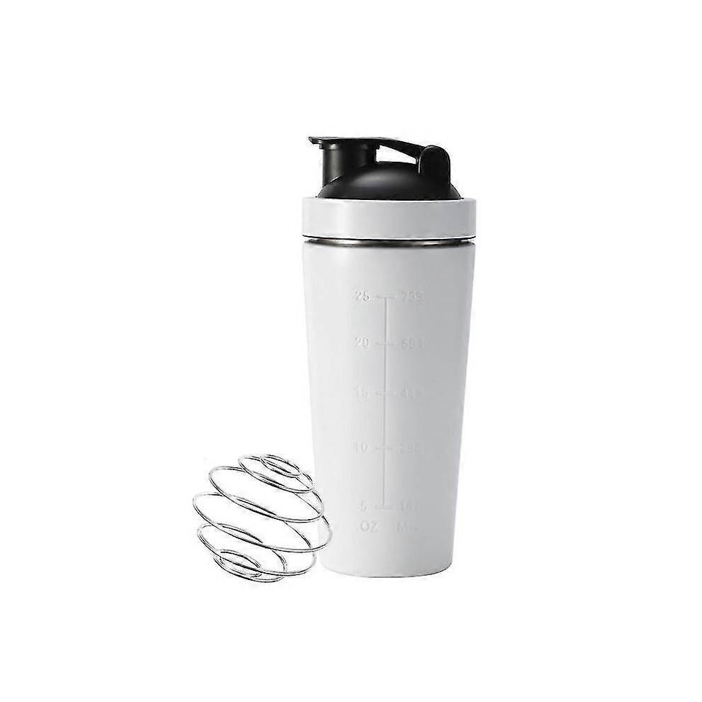 (739ML 25OZ, White) Stainless Steel Whey Protein Shaker Bottle With Blender Ball Measurement Marking Bpa Free For Gym And Sports Water Mixing Cup