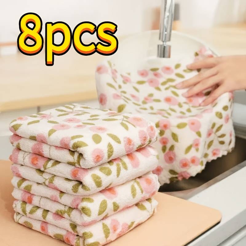 8pcs Coral Fleece Cleaning Towels, Super Absorbent Quick-drying Soft Cloths, Reusable Wipes For Kitchen, Bathroom, Glass, Car Washing, Coral Pink And Golden Pattern