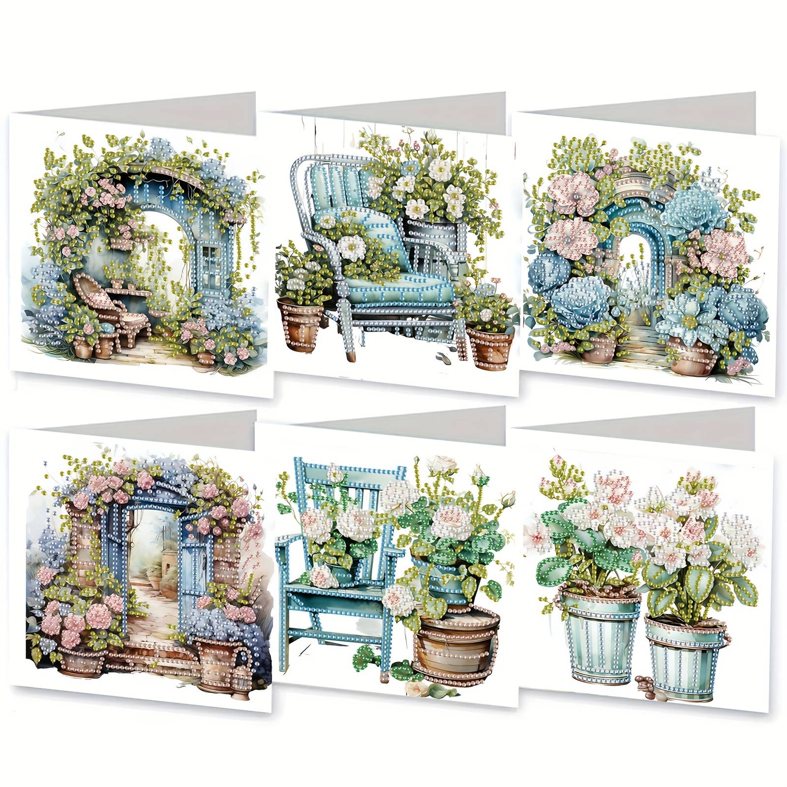 TEMU 6pcs 5d Diamond Painting Greeting Card Kit - Pattern, Unique Irregular Shaped Acrylic Diamonds, Handmade Sparkling Cards With Envelopes - Perfect For Holidays And Celebrations