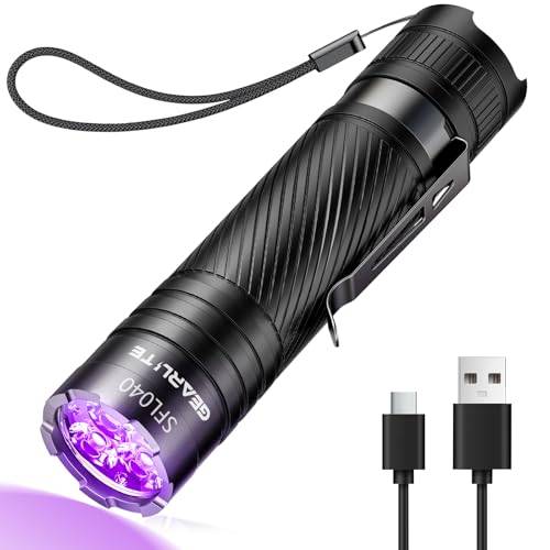 GEARLITE Wiederaufladbar UV Schwarzlicht Taschenlampe, Leicht Mini UV Lampe Ultraviolettes Licht mit 3LED 395nm Robust Wasserfest für Bernsteinsuche Geocaching Heimtierurindetektoren Unechte Banknoten