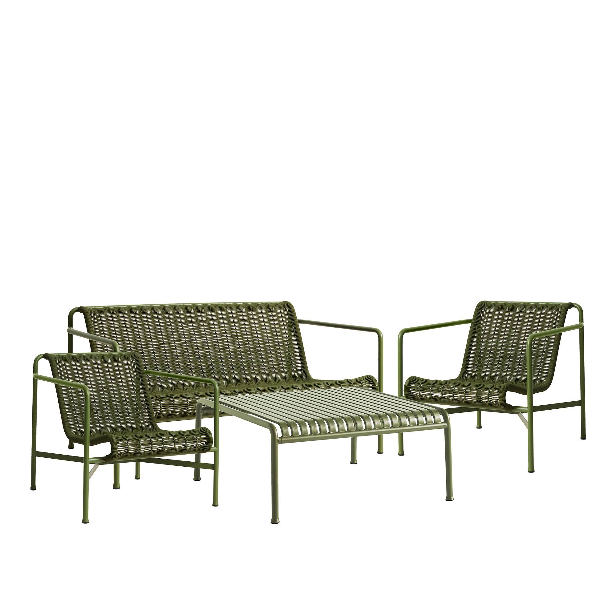 HAY - Palissade cord loungegruppe med loungesofa, 2 loungestole & lavt trædgårdsbord olive - Udendørs loungegrupper