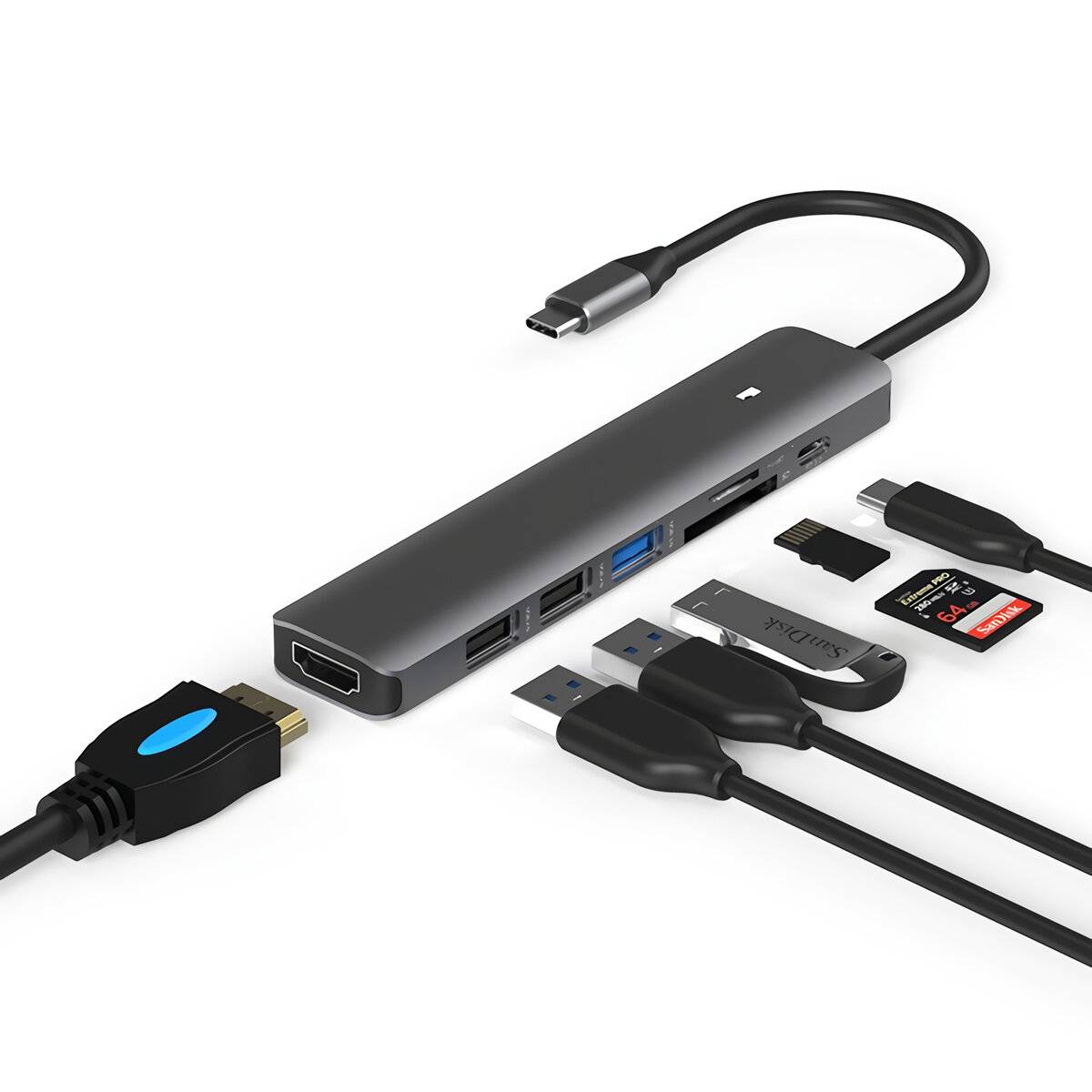 LanShuo 7 i 1 Hub dockingstation typ C-adapter med HDMI+PD+USB3.0+USB2.0*2+SD+TF för PC Laptop Matebook HUAWEI XIAOMI Ma